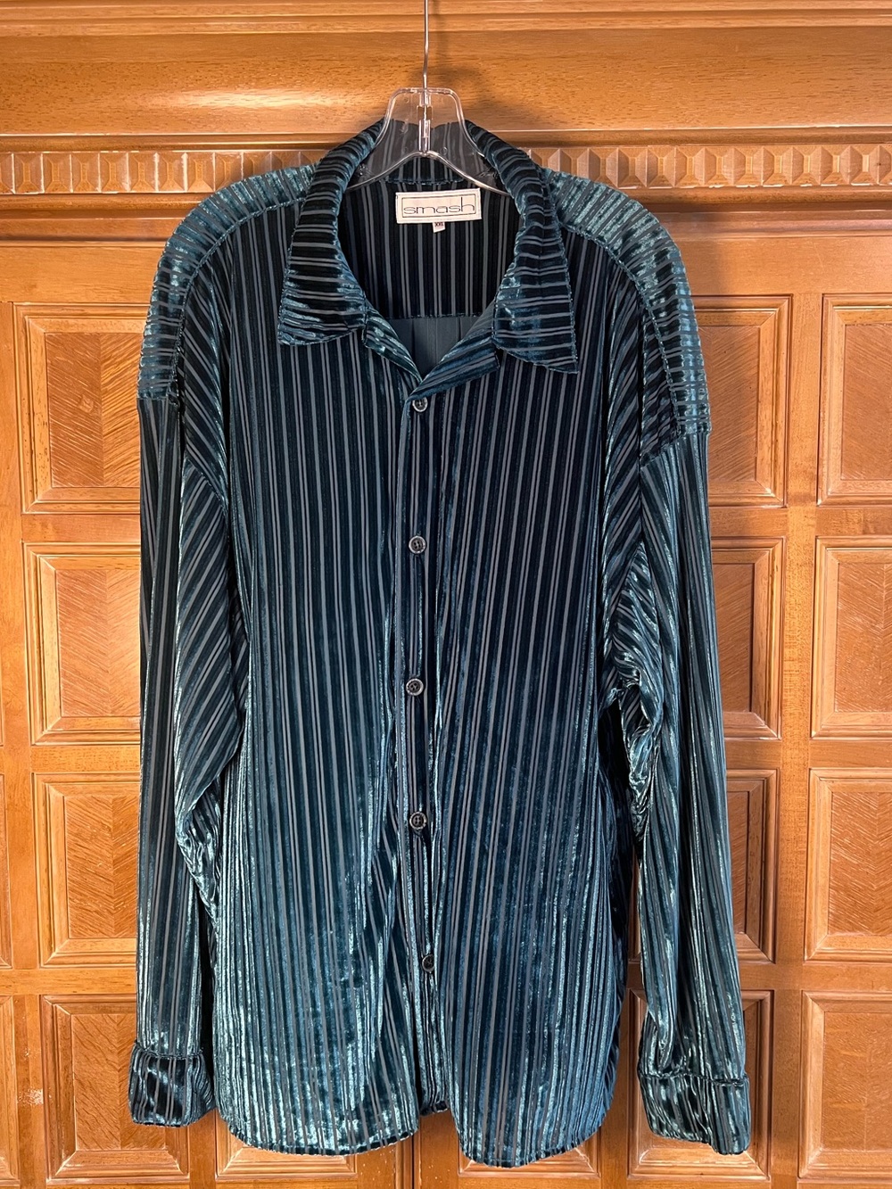 Smash XXL Teal Shimmer Stripe Button-Up Shirt Poly Spandex Drop Shoulder